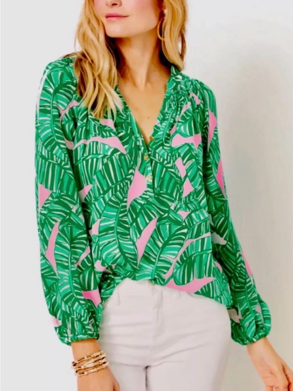Lilly Pulitzer Green & Pink Tropical Leaf V-Neck Tunic